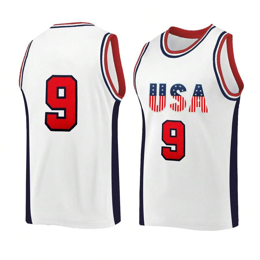 Men's No.9 White Basketball Jersey, Casual Embroidered Stitched Round Neck Vest, Party & Sports Wear - White - View 1