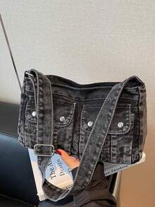 复古女士单肩包，多功能高品质腋下包，小众时尚牛仔手提包带吊坠 - 黑色 - 查看 4