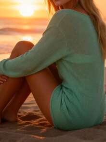 Ladies' Summer Beach Cover Dress, Featuring Solid Color, Long Sleeves, Round Neck, Loose Fit, Knitted, Transparent, Knee Length And Above. Lightweight And Soft, Gentle On The Skin, Breathable. Suitable For Vacation, Beach, Travel, Gatherings, Shopping, Lounge, Outdoor, Daily, Evening And Other Occasions. - 綠色 - 查看 7