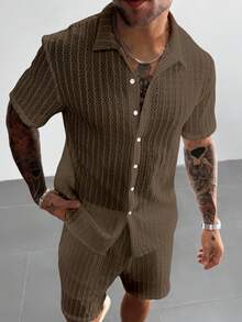 GloMan Men's Casual Holiday 2-Piece Set, Quality Striped Textured Solid Color Polo Shirt And Drawstring Waist Shorts Set, Lace Sheer Suitable For Summer, Suitable For Couple Dates, Suitable For Valentine's Day Gift - Brown - View 5