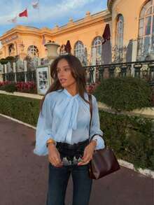 Women's Elegant Casual Stand Collar Sheer Long Sleeve Blouse - Ruffle Trim, Lantern Sleeves, Front Pleats, Sheer Fabric, Front Button, Loose Fit Shirt - Baby Blue - View 4