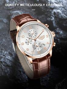 LIGE Men's Business Casual Watch Classic Three-Eye Clock Style Quartz Watch Waterproof Date Fashion Daily Wear, Gift Watch For Friends - Brown - View 5