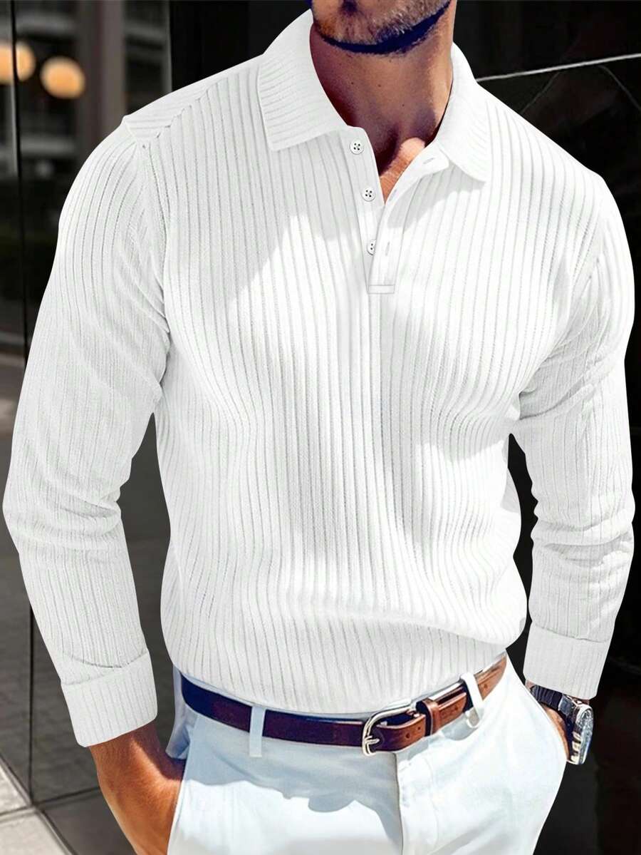男士休闲商务通勤纯色纹理长袖高尔夫 Polo 衫,适合日常外出和运动,春秋季 - 黑色 - 查看 1