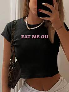 Comfortable |   Women'S Y2K"EAT ME OUT"Graphic Crop Top T-Shirt - Black, Pink Lettering, Short Sleeves, Crew Neck, Lightweight Polyester Blend, Perfect For Spring/Summer Fashion - 黑色 - 查看 1