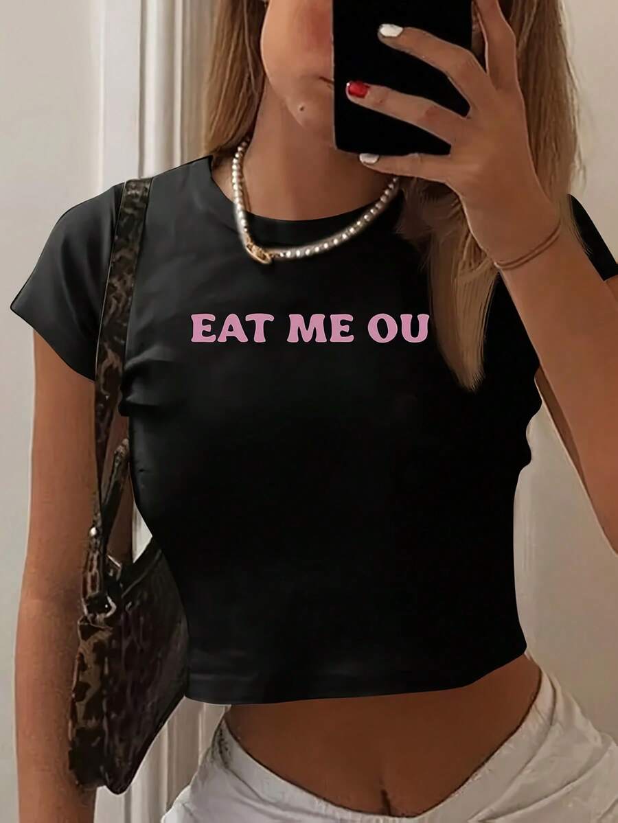 Comfortable |   Women'S Y2K"EAT ME OUT"Graphic Crop Top T-Shirt - Black, Pink Lettering, Short Sleeves, Crew Neck, Lightweight Polyester Blend, Perfect For Spring/Summer Fashion - 黑色 - 查看 1
