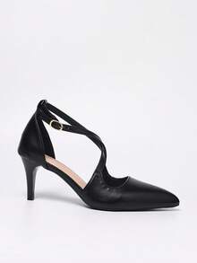 Women's Criss-Cross Strap High Heel Shoes, Elegant Black Stilettos, Ankle Strap Kitten Heels, Fashionable Closed-Toe Buckle Party Dress Shoes, Suitable For Valentine's Day, Pair With Dresses - Black - View 4