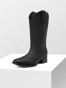 Women's Western Cowboy Embroidered Mid Calf Boots Square Toe  Chunky Low Heel For Country Music Festivals Theme Party And Concert All-Season Black Boots - Black - View 8