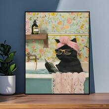 1pc 5D DIY Diamond Painting - "Cute Anthropomorphic Cat Style: Vintage Cozy Bathroom Scene, A Black Cat Wearing A Pink Headband And Black Framed Sunglasses, Relaxing In The Bathtub And Reading A Book" - Large Size Frameless Full Drill Round Acrylic Diamond Art DIY Kit, Suitable For Home And Office Desktop Decor, Tabletop Decor, And Wall Decor, Ideal Home Decor Gift For Living Room, Bedroom, Study - Multicolor - View 11
