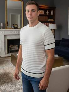 Basic Two-Tone Knit Shirt, Short Sleeve, Ribbed, Stylish Summer T-Shirt, Men's Blouse - Black and Sand - View 4