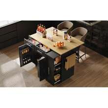 Modern Kitchen Island Table, Kitchen Cabinet, Buffet Cabinet, Wooden Dining Cart, Multifunctional Dining Table With Storage, Dining Cart With Snack Holder And Telescopic Functional Cabinet, Black - Black - View 10