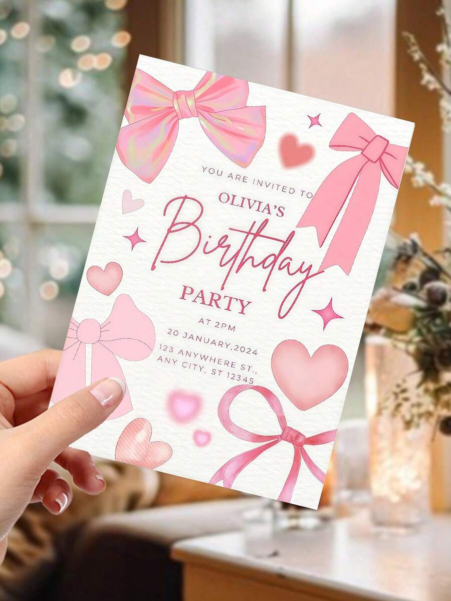 1 Personalized Bow Greeting Card (With Envelope) - Add Text, Photos Or Designs To Create Your Own Custom Card. Pink Bow Birthday Invitation: Cute Girl Party, Can Be Customized As A Folding Birthday Card, Thank You Card, Or Wedding Invitation.