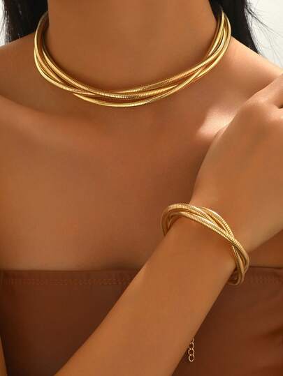 2pcs/Set Chunky Jewelry Necklace & Bracelet Set, Fashion Minimalist Snake Bone Chain Choker Cuff Bracelet, Elegant Luxurious Punk Style Neck & Wrist Accessories For Daily Wear And Party