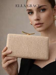 ELLA GRACE - 女士编织晚宴手拿包，优雅硬壳手提包，配金属扣，派对手提包，女士包袋，女士礼品 - 杏色 - 查看 2