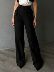 女士纯黑色休闲优雅通勤简约直筒裤，适合日常穿着、通勤、办公室 - 黑色 - 查看 3