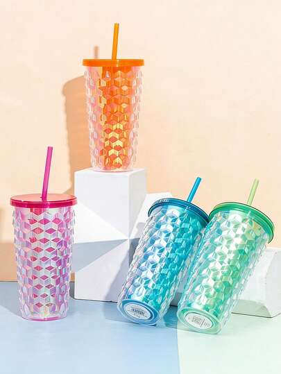 1pc Of Colorful European And American Creative Diamond-Shaped Cup, A Stylish Straw Cup For Women, Double-Layered Plastic Water Cup, A Beautiful Diamond-Shaped Cup With Straw For Home And Office, Perfect For Iced Coffee And Keeping Drinks Cold.