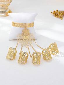 1 Set Vintage Floral Hollow Finger Ring & Bracelet, Exaggerated Personalized Fashion High-End Delicate Elegant, Suitable For Women's Daily Wear - Gold - View 4