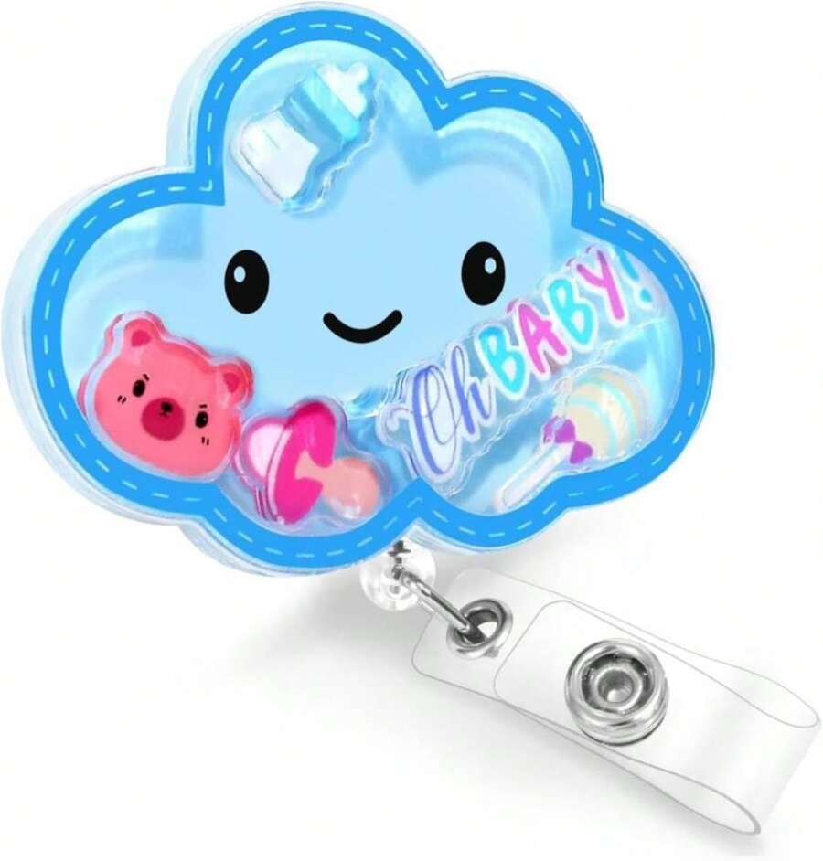 Plifal Nurse Badge Reel Holder Clip - Cute Blue Peds Cloud Retractable ID Name Card Badge Reel With Charm Alligator Clip, Nurse Nursing Office Medical Worker Student Accessories Gifts - ColorR - 查看 1