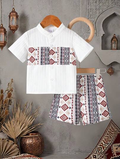 2pcs/Set Baby Boy Short Sleeve Shirt & Geometric Pattern Shorts Set, Summer
