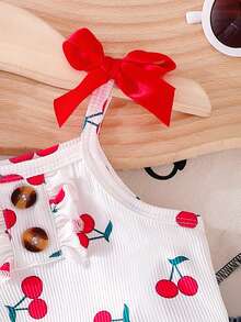 Baby Girl Summer Casual Cherry Print Button Ruffle Decor 3D Bow Strap Cropped Tank Top And Cherry Embroidered Denim Shorts Set - White - View 5