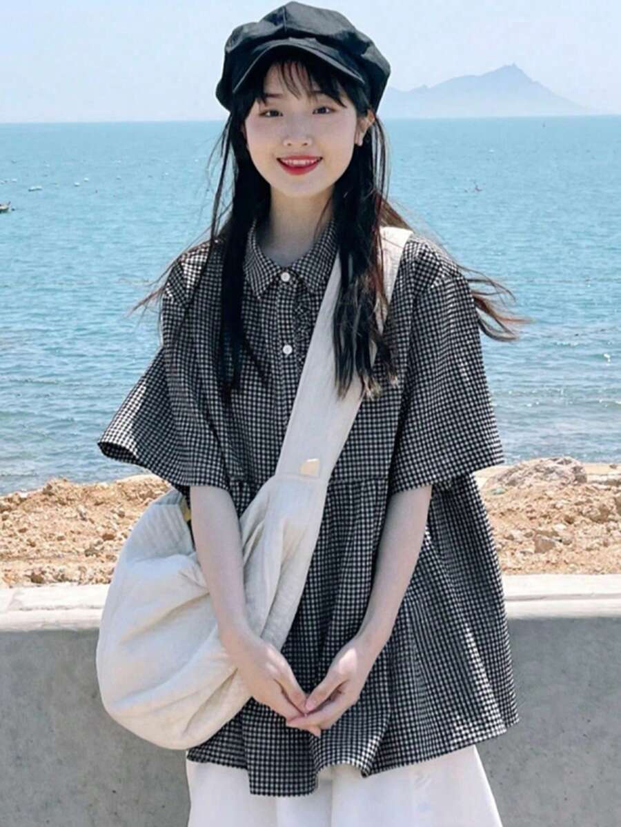 Contrast Plaid Collar Ruffle Trim Casual Women Short Sleeve Shirt, Spring/Summer - Black - View 1