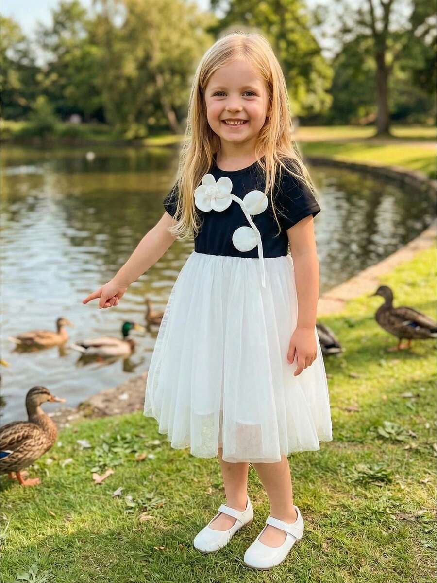 Vestido de verano para niña, estampado floral 3D de tul con patchwork, mangas cortas, cuello redondo, corte A - Negro - Ver 1