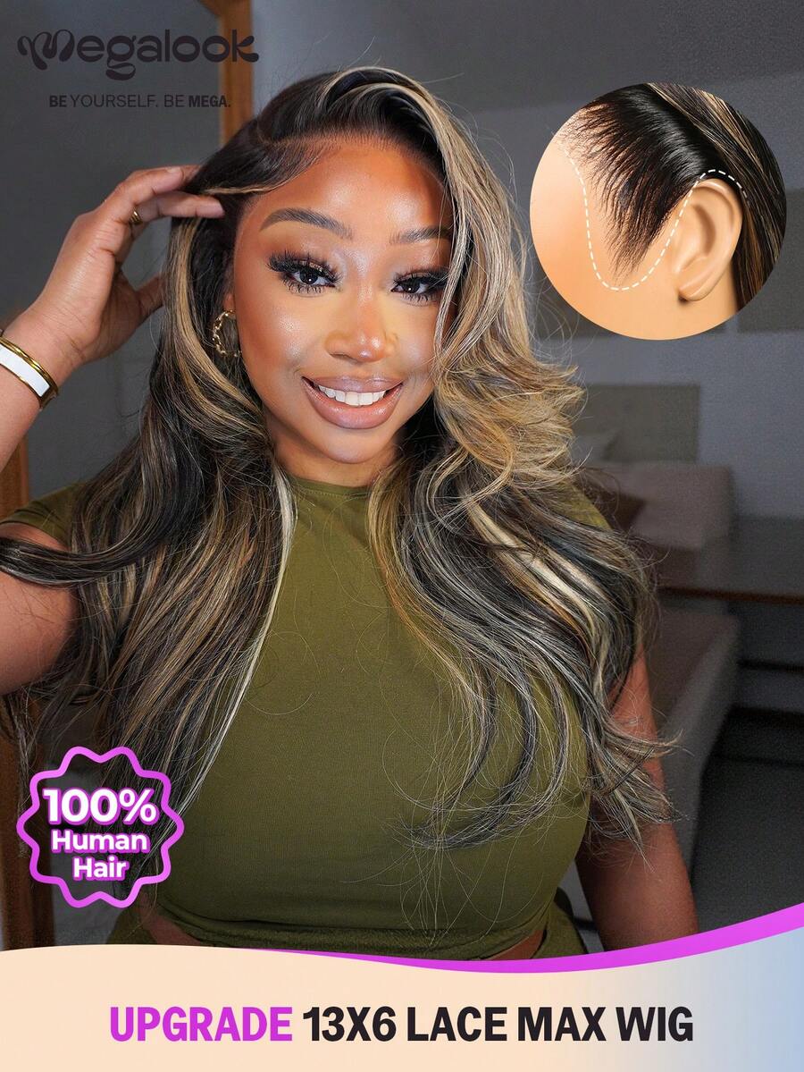 MEGALOOK 升级款 13x6 三合一™ 无胶假发，渐变铂金色挑染，自然波浪卷发，带抽绳 - 100% 真人发透明蕾丝前假发，预剪耳到耳蕾丝无胶假发，预拔毛自然发际线，波浪卷发，彩色假发 - 流行色(其他顏色) - 查看 1