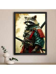 1pc Raccoon Samurai Canvas Wall Art Print, Japanese Warrior With Dual Swords And Red Sash, Vibrant Animal Art 2D Flat Print For Home, Office, Cafe, Bedroom, Living Room, Unframed - Multicolor - View 7