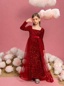 ALISA&LEO Tween Girl's Sequined Mermaid Formal Dress With Mesh Insert At Waist - Red - View 3