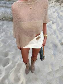 Women's New Style One-Shoulder Semi-Sheer Sleeveless Asymmetrical Knit Pullover, Fashionable Casual Sexy Vacation Beach Party Sweater, Spring And Summer - Apricot - View 3