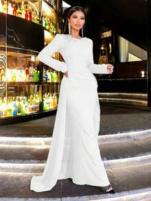 CHOSMO Vestido elegante de mujer con cuello redondo, cintura ceñida y bordado de lentejuelas para fiesta - Blanco - Ver 7