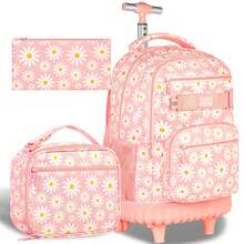 女孩带午餐盒的拉杆背包，防水带轮书包，适合大学生、青少年、儿童 - 黑色菊花