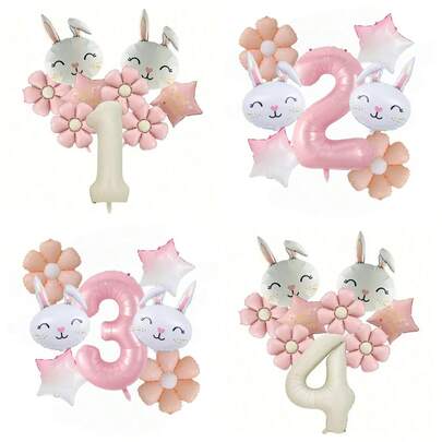 Set di palloncini a tema coniglietto di Pasqua, palloncino in foil a forma di orecchie di coniglio morbido da 32 pollici, palloncino in foil a numero di colore crema, palloncino in foil a stella e margherita rosa, decorazione per feste di compleanno, palloncini decorativi per Pasqua