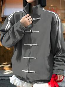 SAOYANGYU Áo khoác nữ phong cách Trung Hoa mới có nút, áo khoác cổ đứng màu trơn, dáng rộng thiết kế cổ điển Mỹ, vải dệt kim 250G, thu/đông - Xám - Xem 3