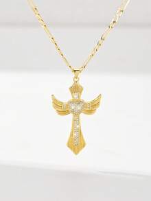 1 Peça Edição Limitada Colar Pingente de Cruz Coração Asa Jesus Cobre Incrustado Zircônia, Estilo Clássico Europeu e Americano, Adequado para Natal/Ação de Graças/Halloween/Dia das Mães/Dia dos Namorados, Casais/Amigos/Crentes, Primeira Comunhão Católica, Presente, Uso Diário e Festivo, Oração - Ouro amarelo - Visão 1