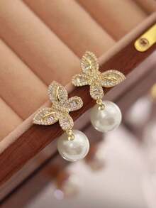 1 Đôi bông tai hình giọt nước thanh lịch đính đá Cubic Zirconia và ngọc trai giả, thích hợp làm quà tặng cho nữ nhân dịp Lễ Tình nhân, kỷ niệm ngày cưới hoặc phụ kiện dự tiệc. - Vàng - Xem 2