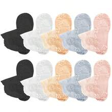 5 par letnich, cienkich, wszechstronnych, oddychających, antyzapachowych, niełatwych do zapięcia, krótkich skarpetek z jedwabnej siateczki z przezroczystą koronką w kwiaty - Wielokolorowe - Zobacz 14