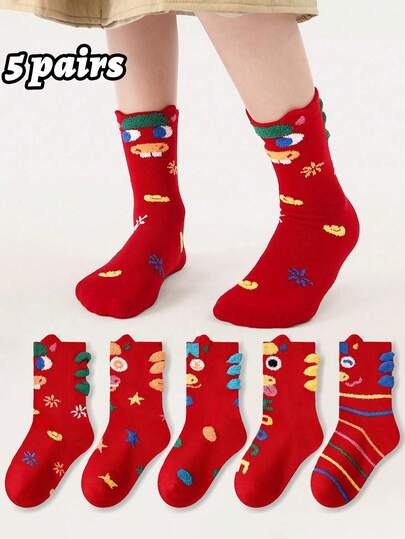 5双卡通小马红色儿童袜，适合1-16岁儿童，男孩女孩均有，春、秋、冬、新年款。
