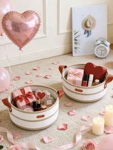 New Round Woven Storage Basket With Leather Handles, Ins Style Desktop Organizer Basket For Cosmetics, Toys, Suitable For Living Room, Bedroom, Versatile Storage Basket, Ideal For Valentine's Day Gift - Multicolor - View 6