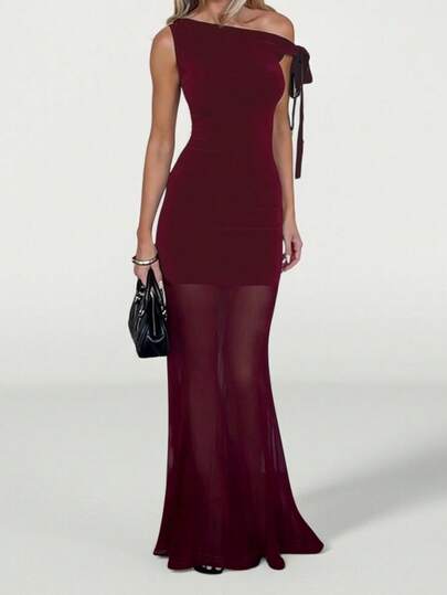 WOWDARK Women's Summer Dress, Wine Red, Elegant Oblique Shoulder Chiffon Flowy Party Dress, Suitable For Valentine's Day, Dates, Gatherings, Parties, Travel, Vacation