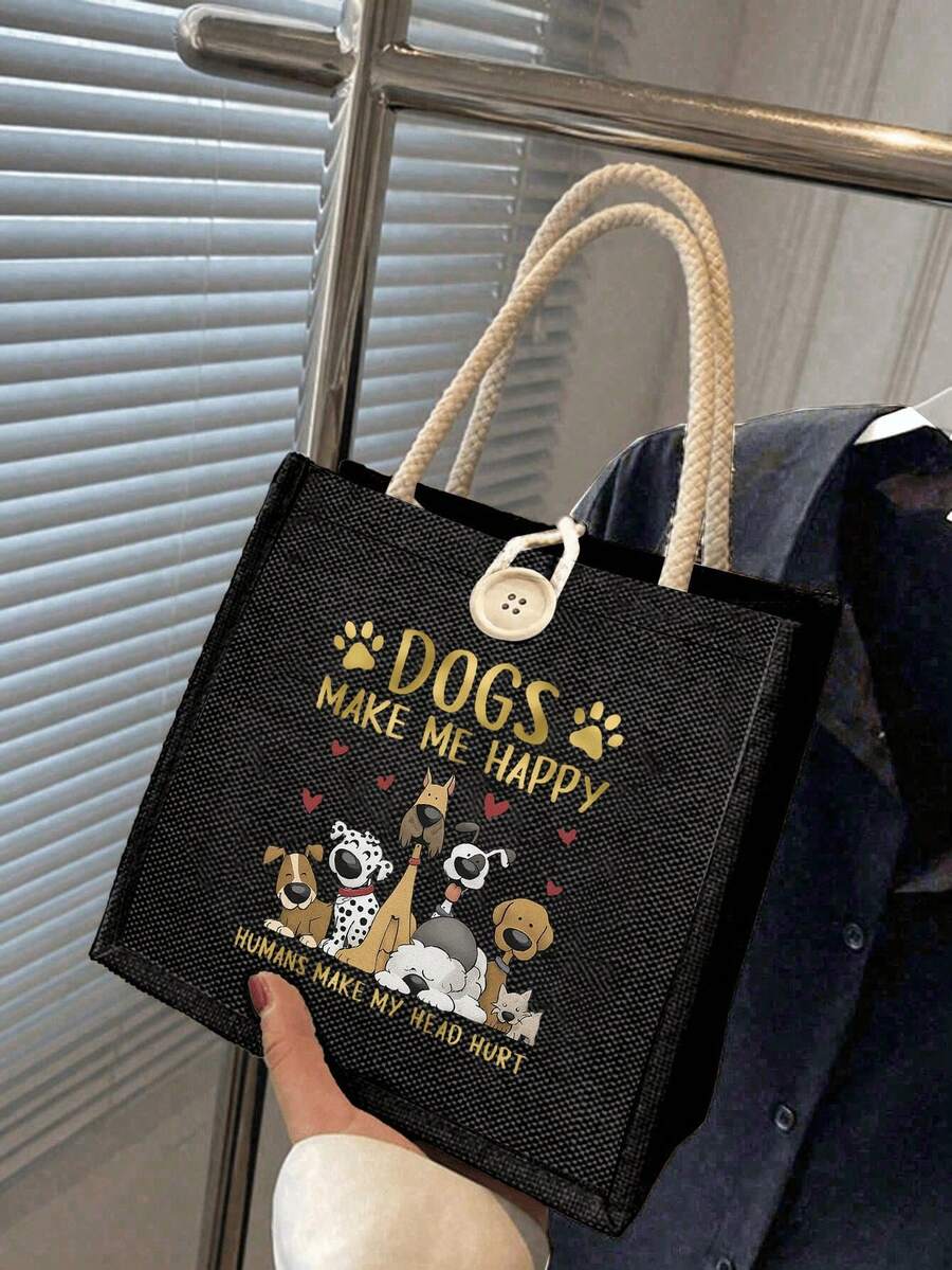 Cute Puppy Themed Printed Linen Handbag With Button Closure And Sporty Style Design, Featuring A Puppy And "Dogs Make Me Happy". Sacred, Warm, Festive Household Items - Multicolor - View 1