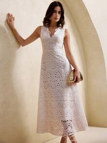 新款女士法式白色无袖V领荷叶边蕾丝镂空刺绣中长连衣裙，修身剪裁，通勤约会皆宜，优雅大方 - 白色 - 查看 6