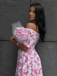 Đầm maxi cổ yếm/trễ vai in hoa màu hồng hiệu Solstice Apparel, tay phồng, eo thắt, xẻ tà, phong cách lãng mạn Pháp, hoàn hảo cho đi làm hàng ngày, đi chơi và du lịch, đầm đa năng mùa xuân hè thanh lịch - Hồng - Xem 11