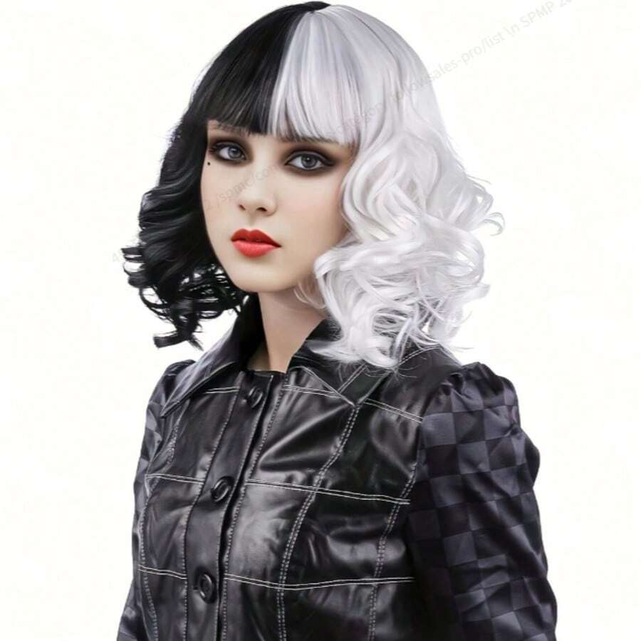 PIAOYUN 万圣节角色扮演假发，合成纤维假发，黑色带白色自然波波头波浪假发，带刘海，恶魔假发，女士适用 - 黑與白 - 查看 1