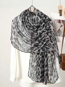 1条女士波西米亚风豹纹头巾，柔软透气，街头风围巾，适合搭配穆斯林头巾，日常佩戴 - 黑灰 - 查看 6