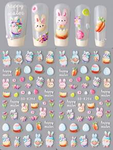 2 piezas Pegatinas de arte de uñas de 5D con huevos de Pascua y conejos de dibujos animados, pegatinas decorativas de huevos de Pascua y conejos de colores para celebración de Pascua, decoraciones de uñas con láminas de Pascua, suministros para uñas - Multicolor - Ver 7