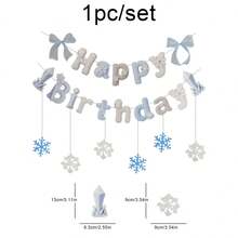 儿童女孩蓝色雪花蝴蝶结公主生日派对拉旗，背景墙装饰横幅 - 彩色 - 查看 4