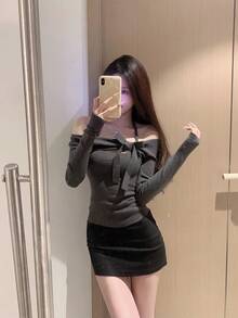 Áo len dài tay trễ vai thắt nơ hiệu Niche dành cho nữ - Xám - Xem 4