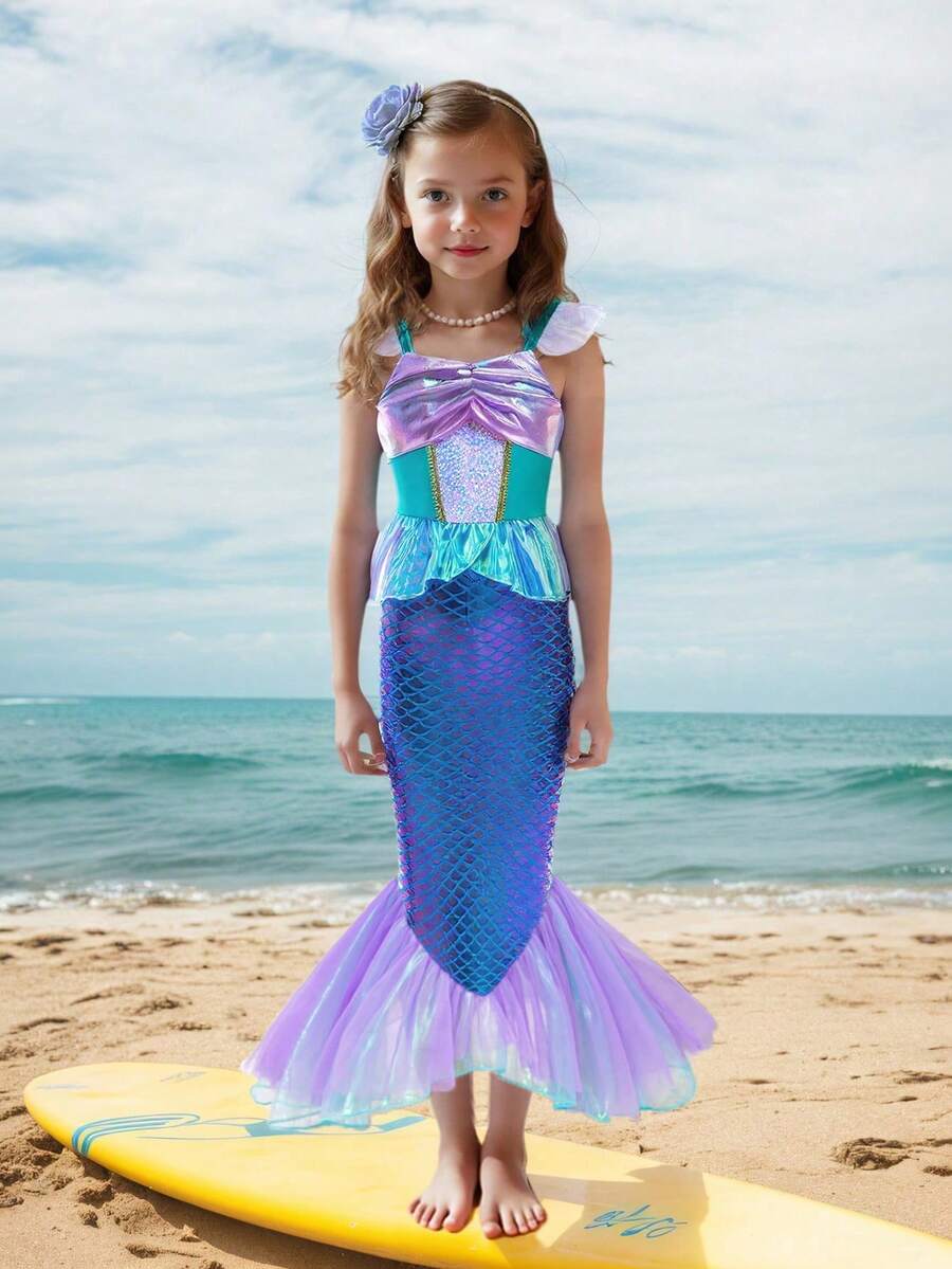 小女孩亮片短袖美人鱼薄纱公主裙，派对/正式场合服装