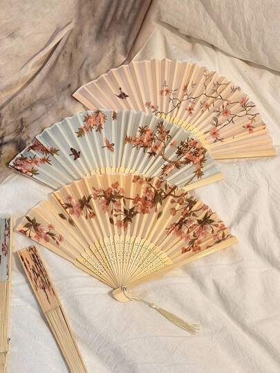 1pc Retro Folding Fan, Tassel Handheld Bamboo Fan, Crabapple Fan, Bamboo Fan, Painted Fan, Folding Hand Fan, Wedding Hand Fan, Party Hand Fan, Decorative Fan, Elegant Casual Style, Mother's Day Gift, Birthday Gift, Back To School Gift, Home Decor, Bamboo Art Ornament