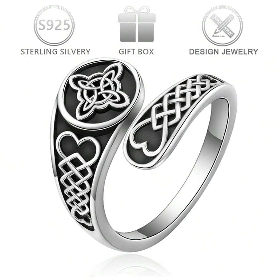1pc 925 Sterling Silver Vintage Unique Heart Floral Design Witch Knot Ring, Suitable For Daily Casual Wear, Vacation, Holidays, Birthdays, Easter Gifts For Women - Antique Silver - View 1